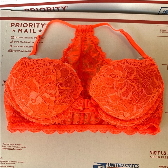 Lace Neon Orange Front Close Racerback Bra - Picture 1 of 3
